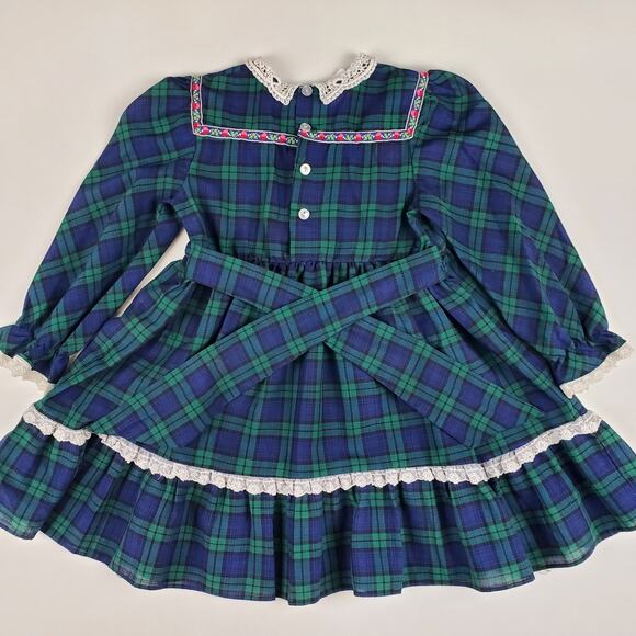 Polly Flinders Vintage Hand Smocked Dress Plaid Lace Floral Green Blue Girls 4 - Picture 5 of 6